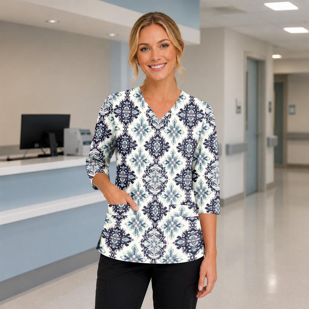 Women's Floral Print V-Neck Scrub Top with Pockets and Side Slits, Three-Quarter Sleeves