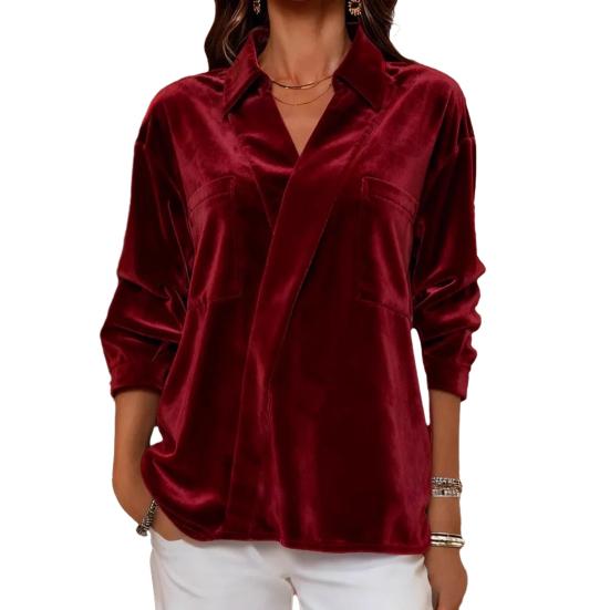 Damenhemd Revers Langarm Samttextur Einfarbig Pullover Tops Lockere Passform Pendler-Tops Arbeit Party Büro Freizeitkleidung