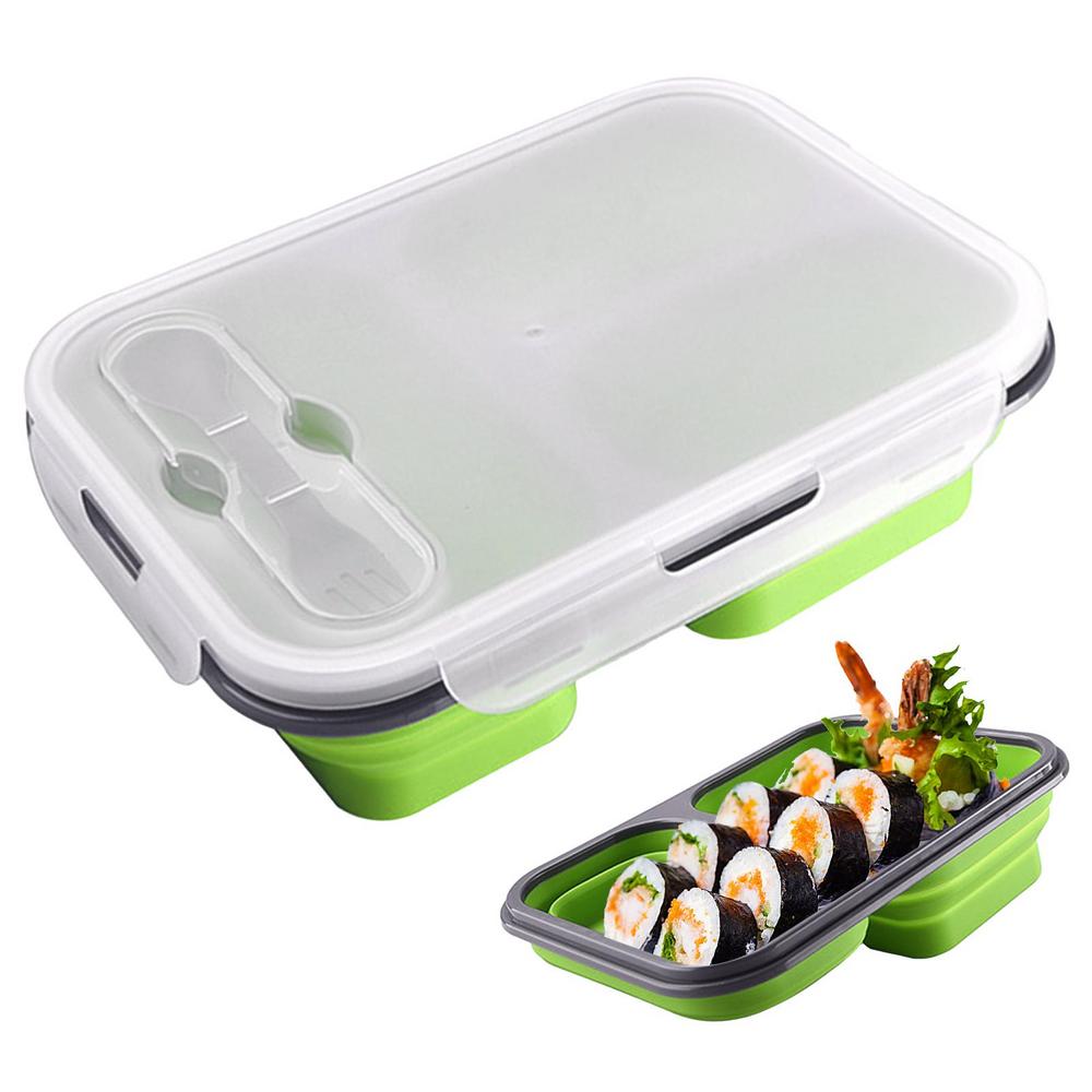 Silicone Bento Lunch Box 3 Compartment Foldable Lunch Food Container With Spoon Safe In Microwave Dishwasher Freezer