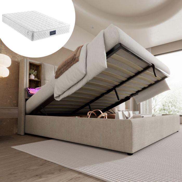 Lit Double - MUVOE - 140x200cm - Rembourré - Chargeur Sans Fil - Matelas Inclus