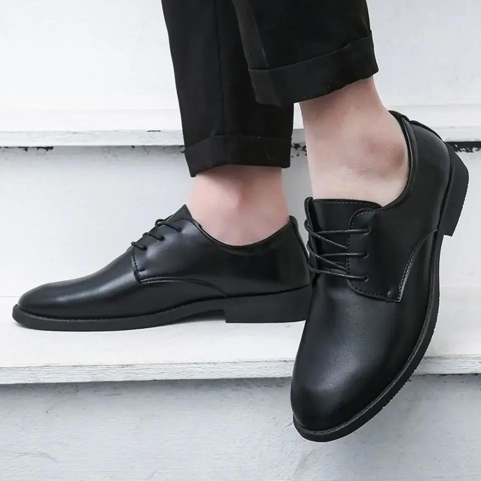FashionRound Toe Office Social Shoe for Men Leather Casual Dress Shoes Man Black 2024 Style Legitimate Suit Elegant and Classic New 39