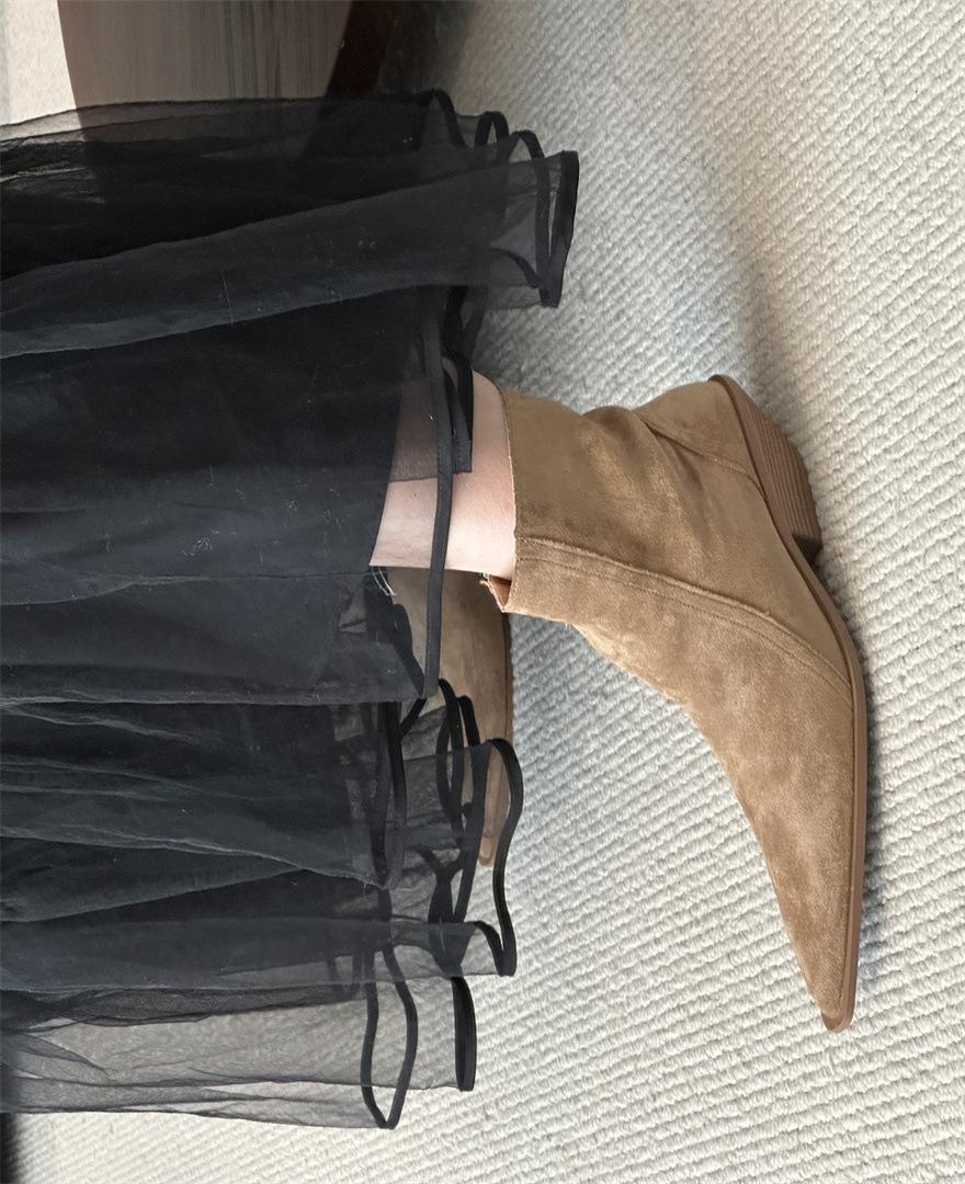 

French thick heel pointed small ankle boots women s new suede nude small short boots velvet high heel thin boots winter 39 светло-коричневого