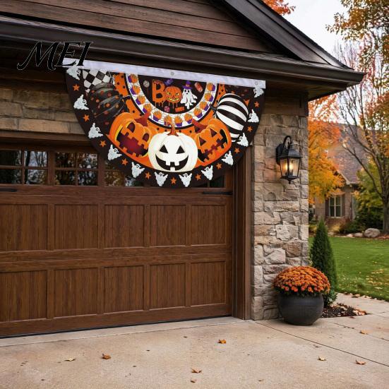 Outdoor Halloween Decorations Semi Circle Bunting Banner, Pumpkin Bat Porch Yard Decor, Festive Window Hanging Spooky Flag for Indoor Party