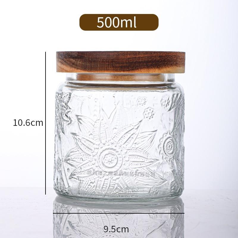 Ancient Peony Flower Relief Transparent Glass Storage Jar for Snacks, Tea Sealed Jar, Kitchen Storage Glass Bottle