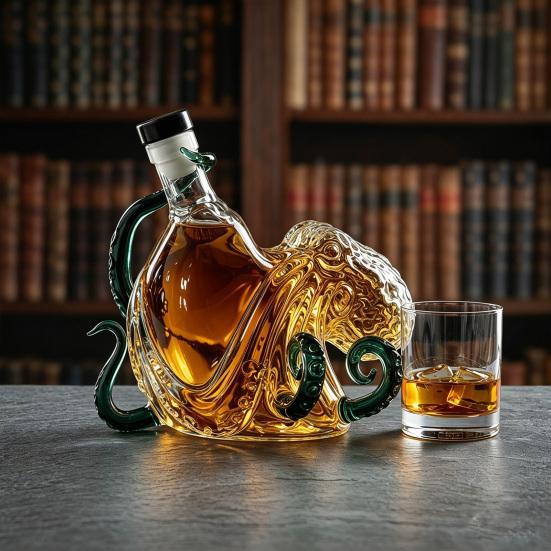 Yousheng Octopus Shaped Whiskey Decanter, 3D Blown Glass Wine Bottle with Stopper, 400ml Handmade Lead-Free Barware, Creative Bar Decor Gift for