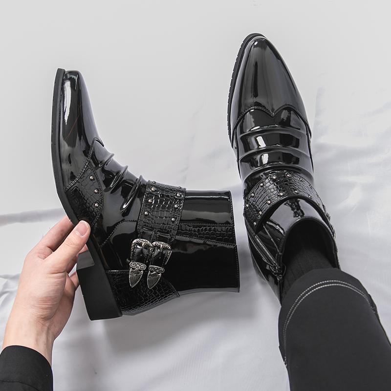 Designer New Men Pointed Toe Punk Rock Belt Buckle Leather Casual Chelsea Ankle Boot Winter High Top Monk Strap Hip-hop Shoes
