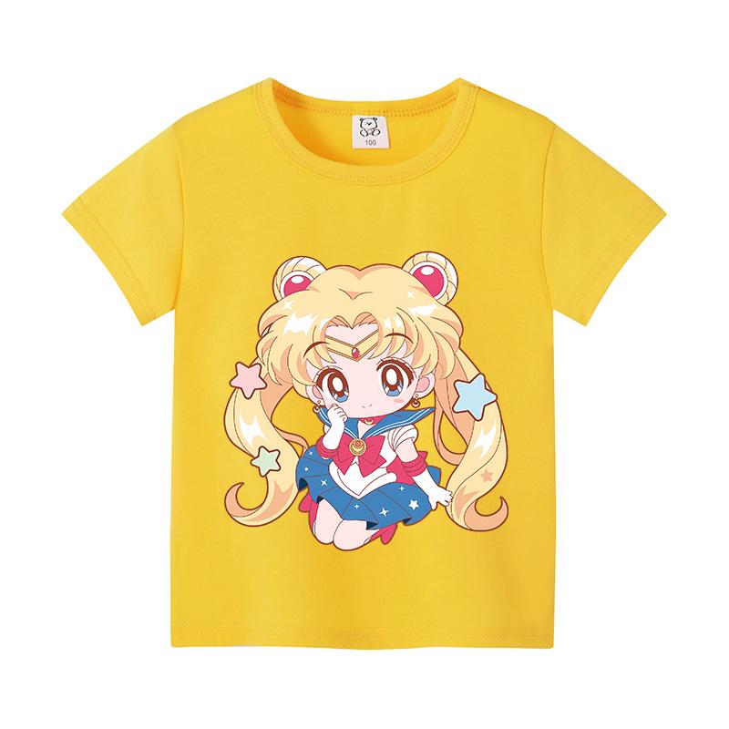 Sailors Moons Cotton T-shirt Sweet Anime Printed Girl Short Sleeve Cartoon Casual Kids Shirts Summer Child Tops