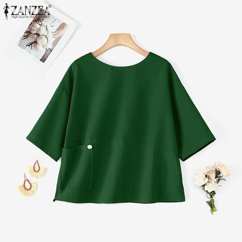 ZANZEA Women Casual Round Neck Loose Summer 3/4 Sleeve Blouse