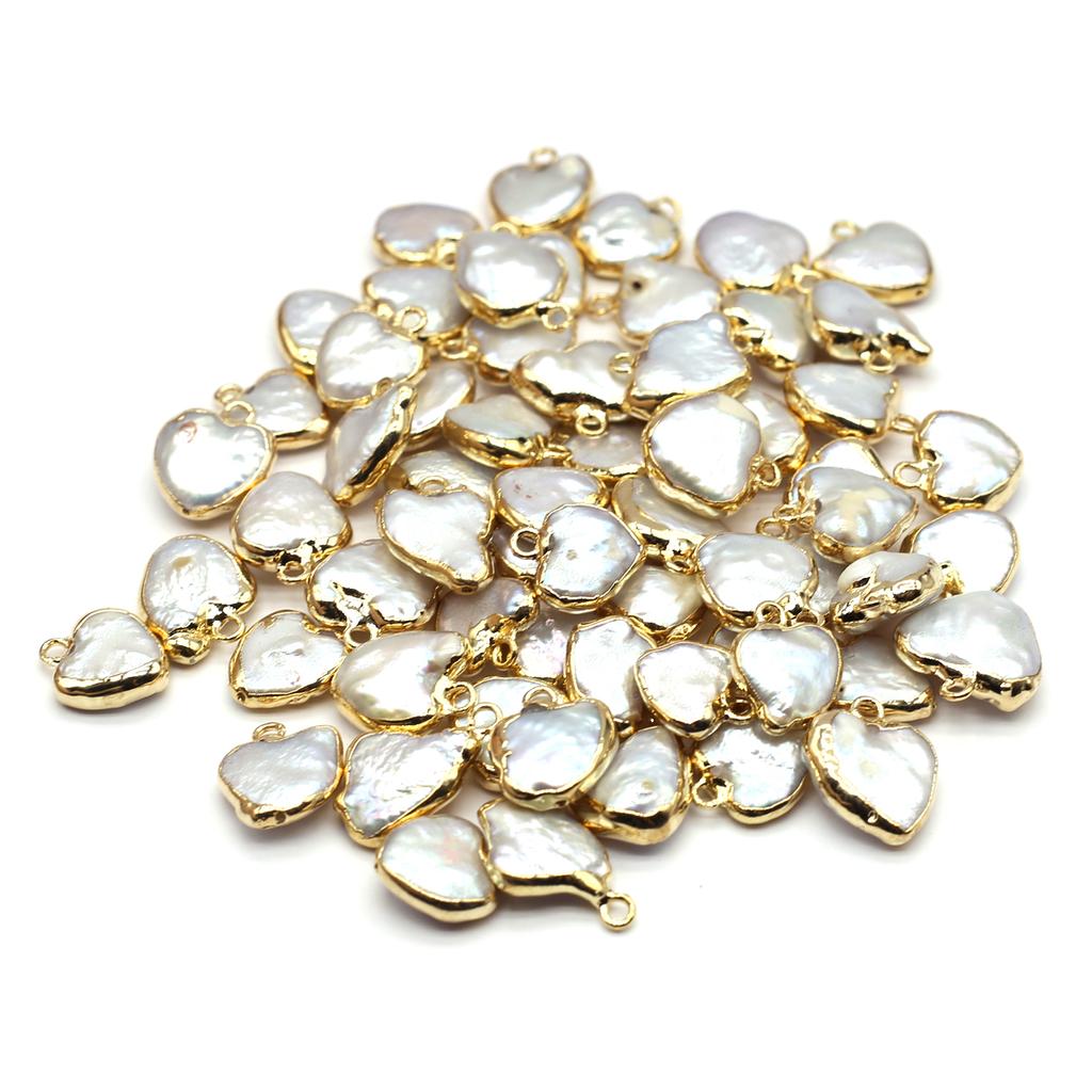1Pc Mini White Artificial Pearl Baroque Heart Pendant, Elegant Golden Wrapped Edge Charms for DIY Women Necklace Keychain Hanging Decor Accessories