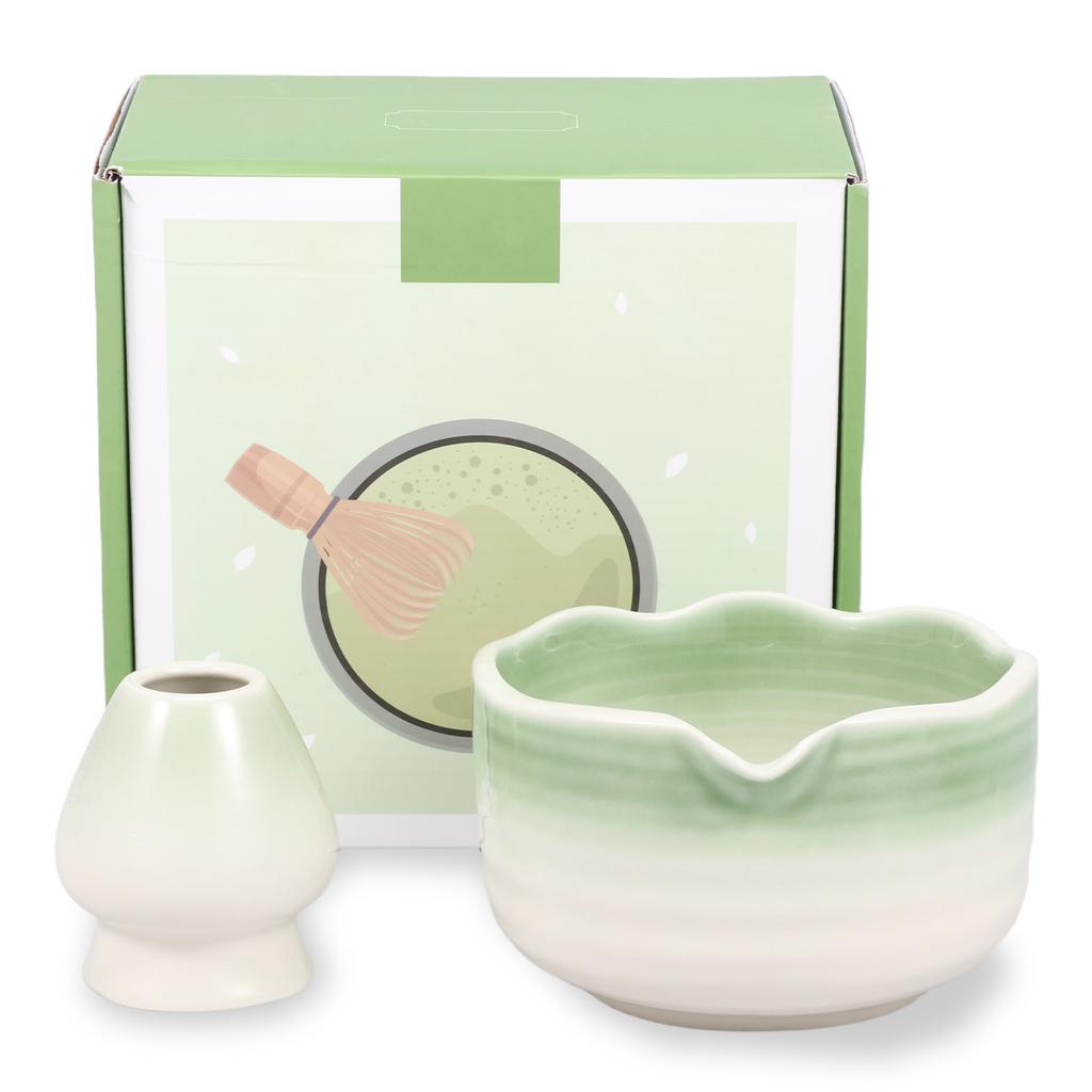 2 Pcs Matcha Making Kit Gradient Color Waved Rim Design Matcha Bowls and Ceramic Tea Whisk Stand Heat Coldness Resistant Tea Set