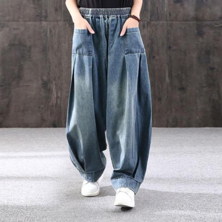 Vintage Women Oversize Mom Jeans Wide Leg Denim Pants Casual Harem Trousers Female Bloomers Cross