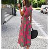 Women Floral Print Long Dresses Summer Sexy V Neck Split Lace-up Dress Female Casual Elegant Short Sleeve Beach Dress Vestidos
