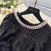 Women's Heavy Diamante Round Neck Long Sleeve Splicing Receiving Waist Sequins Mesh Irregular Dress
