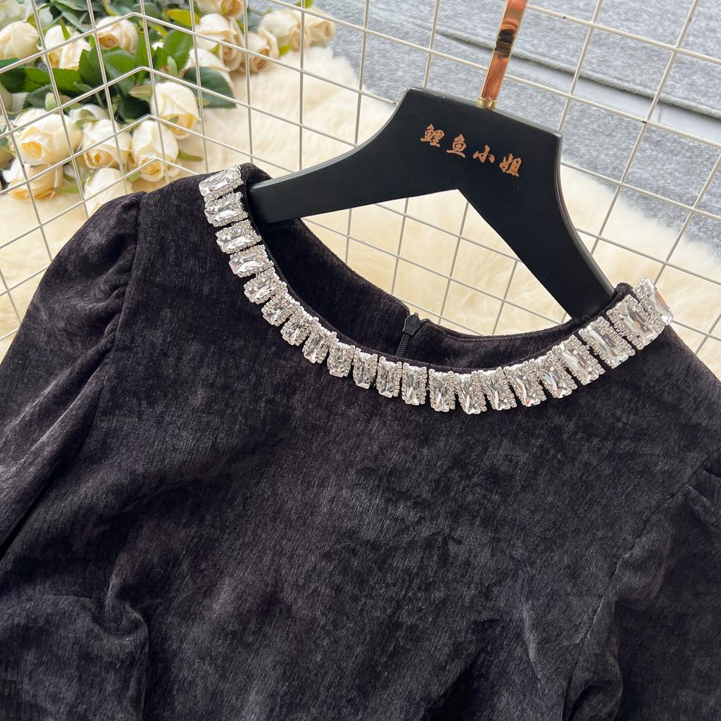 Women's Heavy Diamante Round Neck Long Sleeve Splicing Receiving Waist Sequins Mesh Irregular Dress