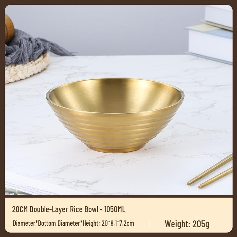 304 Stainless Steel Double Layer Heat-Insulated Ramen and Soup Bowl - Large Gold Noodle Mixing Bowl