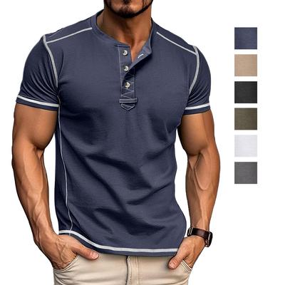 Men’s T-Shirts Henley Collar Short Sleeves Tops Color Blocked Cotton Blend Shirts Summer Casual Wear