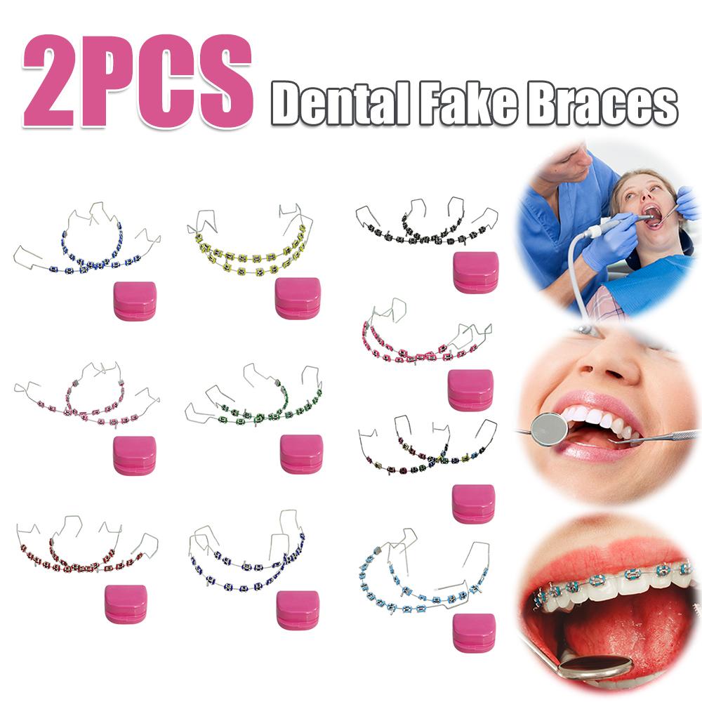 2Pcs Dental Fake Braces with Storage Box Orthodontic Ligature Ties Metal Wires Bracket Dental Fashion Decoration Dental Tool