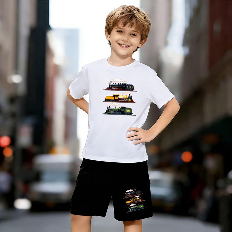 

Boys 2 Piece Steam Locomotive Train Print Outfit, Short Sleeve T-Shirt and Shorts Set for Kids Age 5-14, Black and White Sporty Casual Summer Clothes 13-14 Years білий