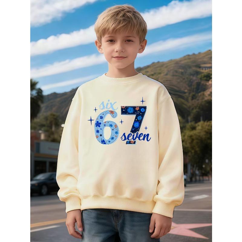 Kids Unisex Crewneck Sweatshirt, Light & Dark Blue Floral Stitch 67 Six Seven Star Print Long Sleeve Pullover, Soft Sweatshirts for Boys Girls Ages 4+