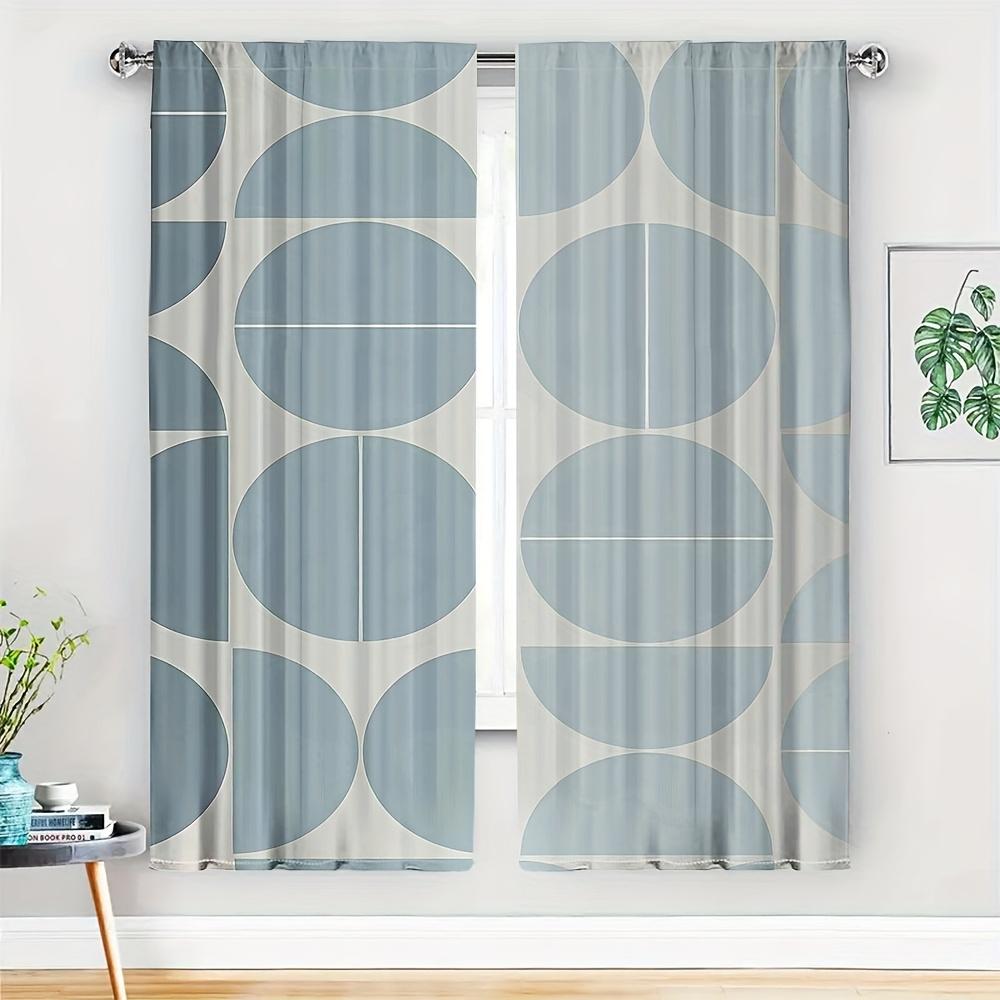 2Pcs Mid-Century Geometric Curta No Rod — Light Blue & Cream Circle Pattern, Sheer Polyester For Living Room, Bedroom, Door