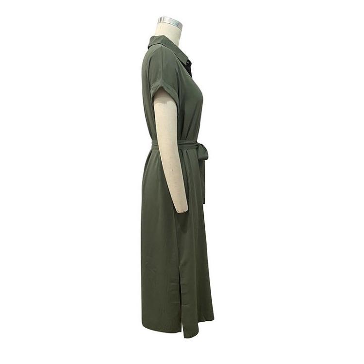 Women's Summer Lace Up Dress Solid Color Turn Down Collar Single Breasted Split Design