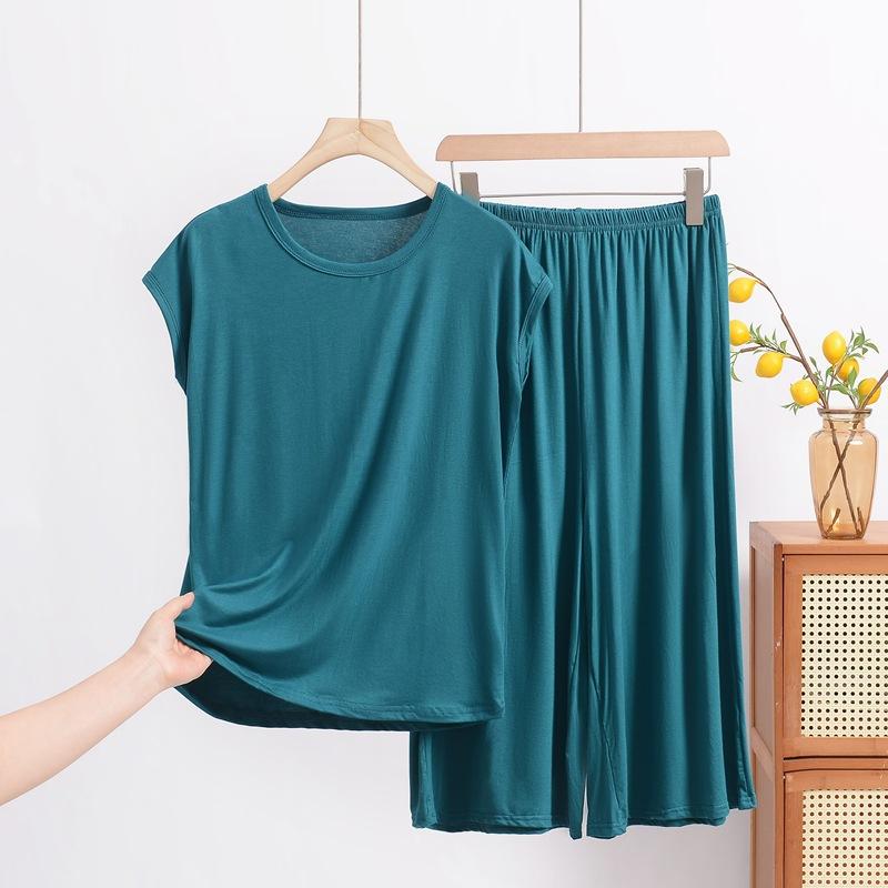 

Модальная пижама для женщин на лето, свободный комплект из двух частей большого размера с коротким рукавом в повседневном стиле, можно носить как домашнюю одежду 8XL темно-зеленого