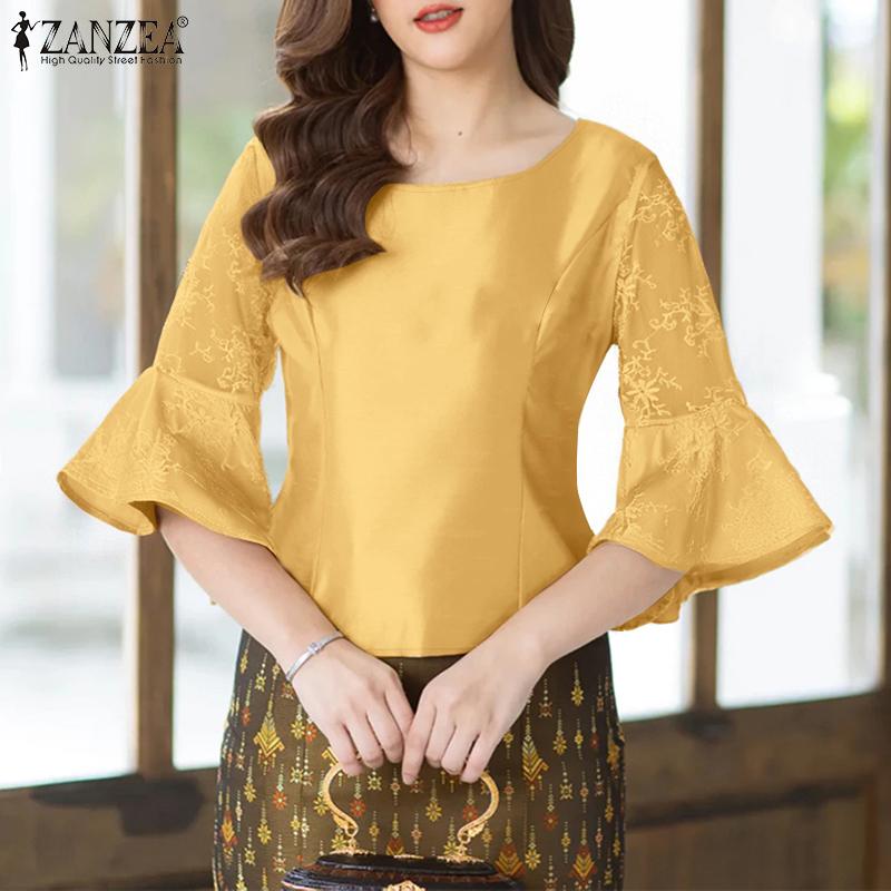 

ZANZEA Women Casual Round Neck Mesh Splice 3/4 Sleeve Summer Blouse 5XL фіолетовий
