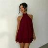 Abito da Donna Corto a Svasatura in Chiffon Casual Senza Maniche ad Collo Alto Mini Abiti da Festa