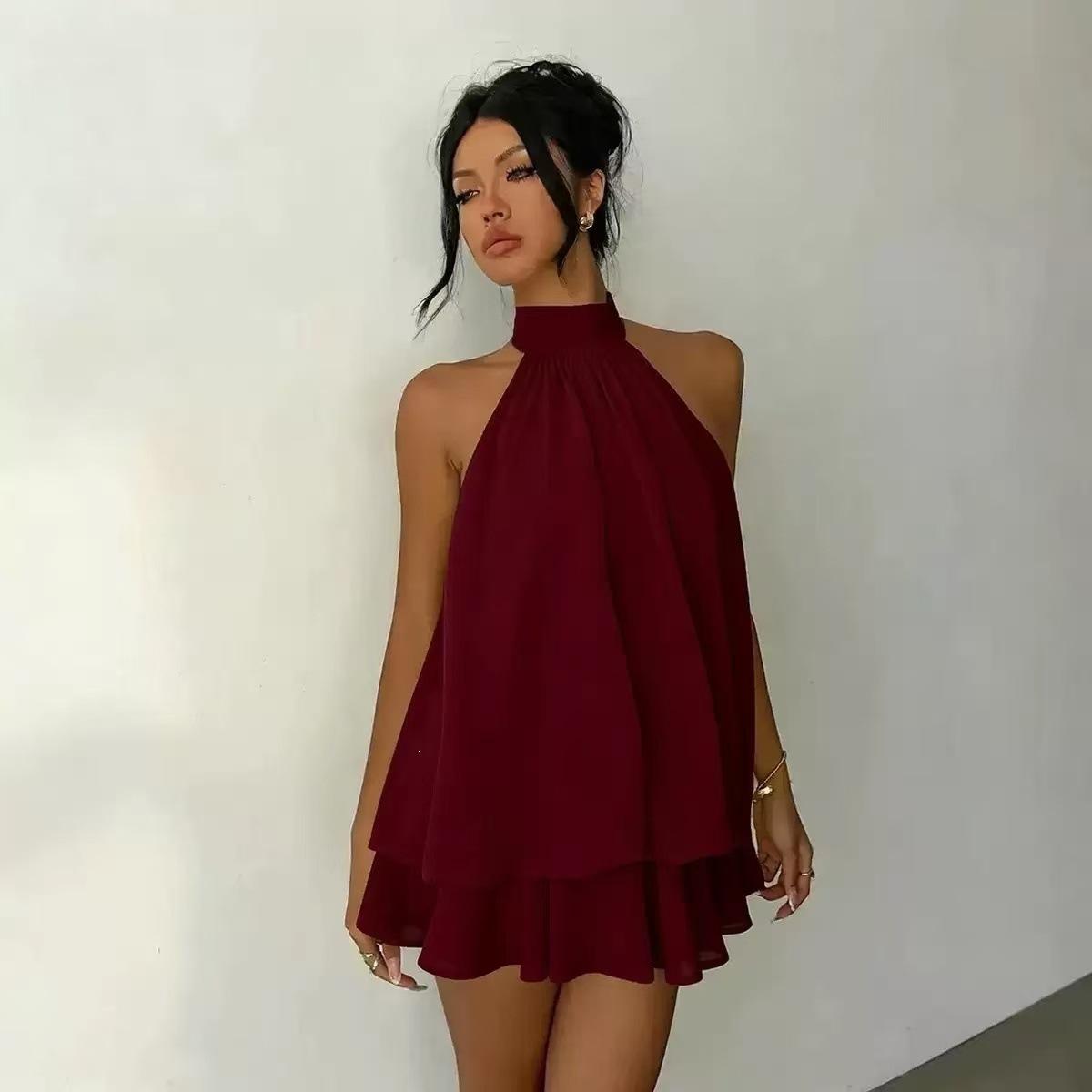 Damen Halter Chiffon Kleid Lässig Ärmellos Hoher Hals A-Linie Mini Partykleider 3XL bordeaux