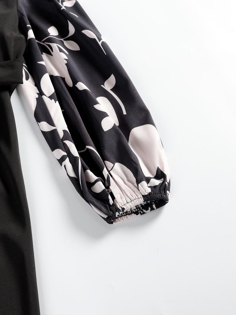 New Women's Lace Spliced Printed Midi Dress - Middle Eastern Muslim Fashion