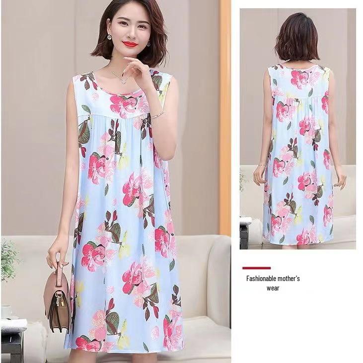 Plus Size Sleeveless Cotton Rayon Dress for Middle-Aged Women