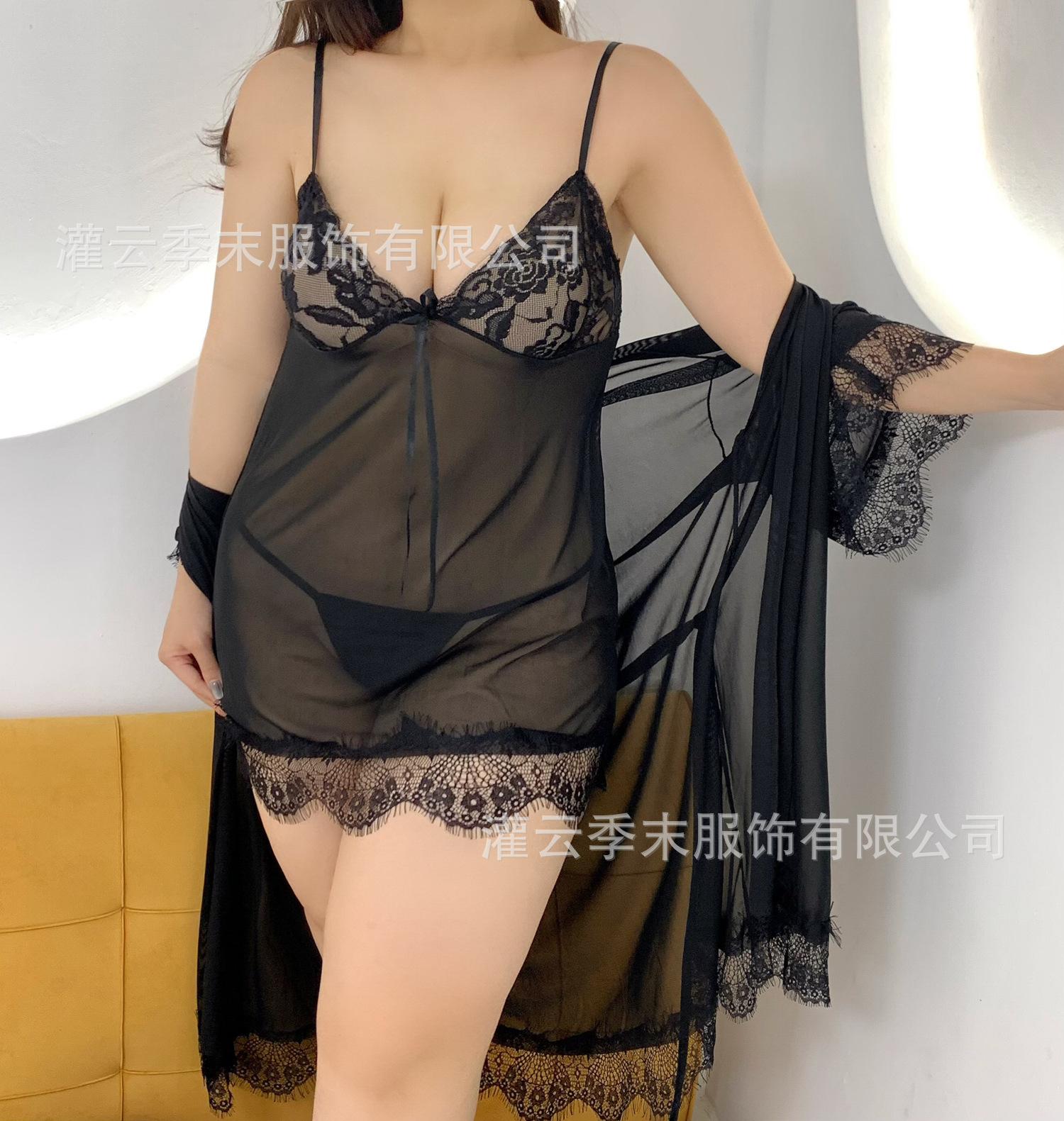

Sexy lingerie home suspender mesh set large size fat MM nightgown foreign trade one piece delivery M【 40-65kg 】 чёрный