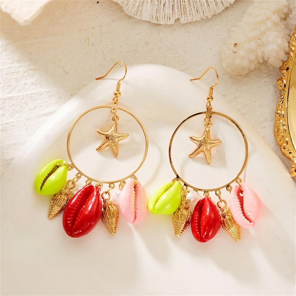 Colorful Ocean Charm Hoop Earrings for Women Tropical Starfish Dangle Dopamine Statement Beach Party Vacation Jewelry