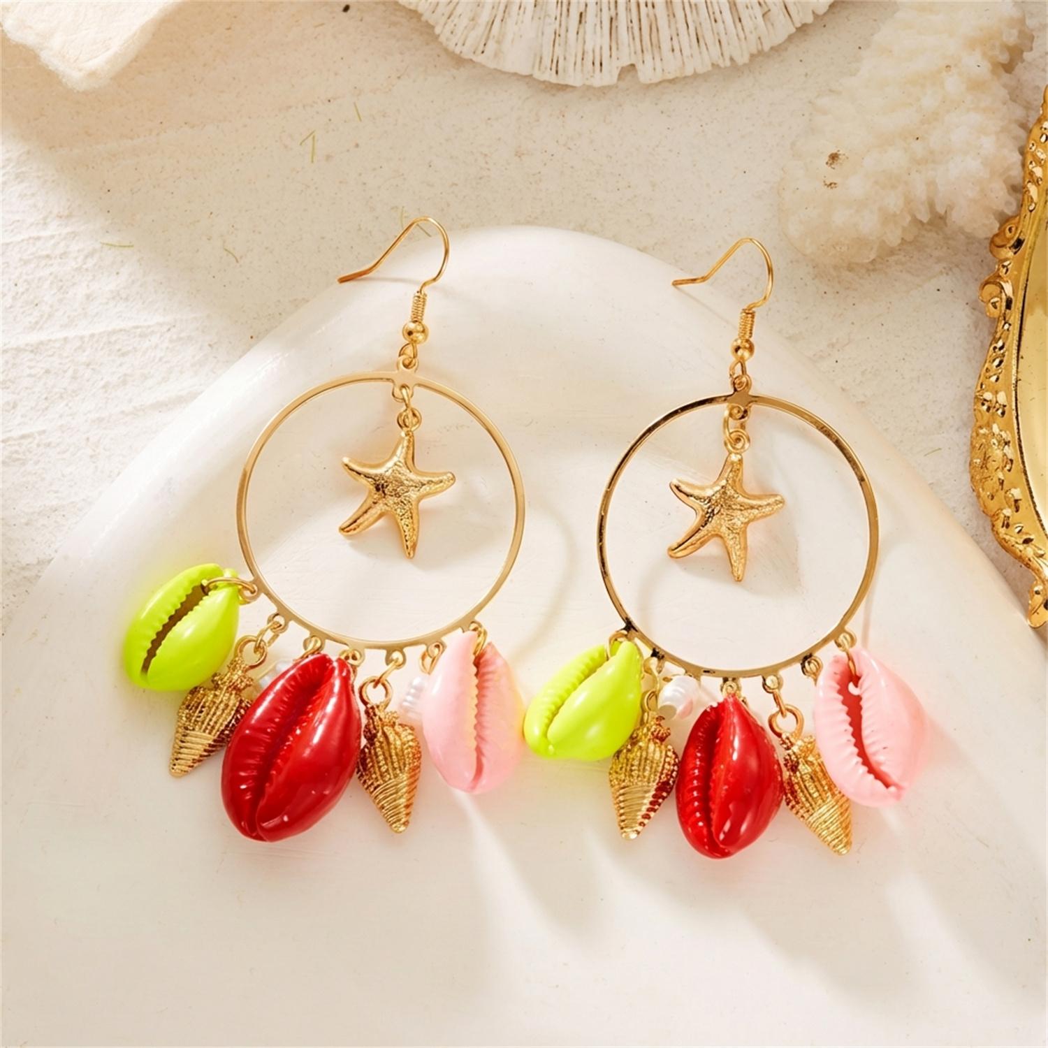 

Colorful Starfish Shell Conch Imitation Pearl Earrings Simple Geometric Hoop Fringe Drop Earrings Bohemian Style Accessory