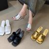Fashion Slippers Women Summer Shoes Slides Heeled Mules Fashion Square Toe Platform Pantofle High Luxury Soft 2025 Concise Pumps
