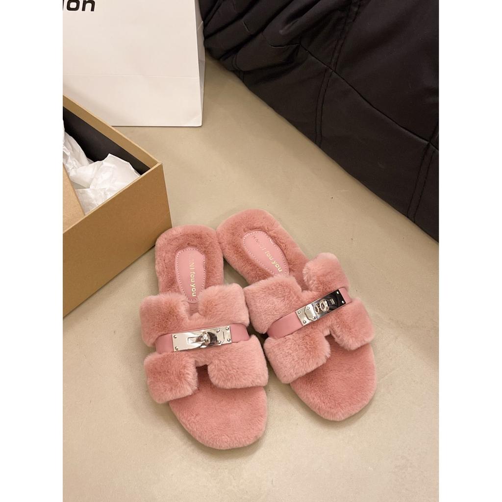 One-word metal decorative buckle flat bottom 2025 new fluffy slippers outer wear women's autumn and winter home warmth short plush cotton mop