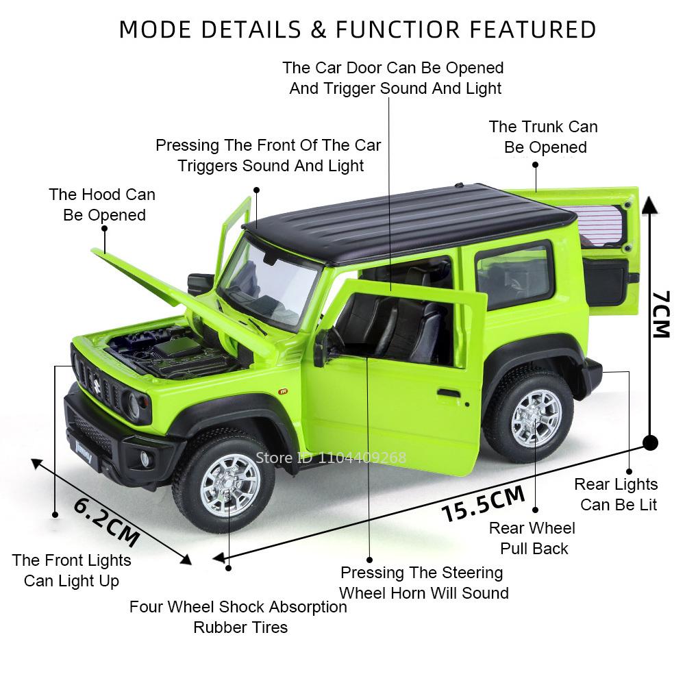 1:24 Scale Suzuki Jimny Car Model Toy Diecast Alloy Pull Back Sound Light Shock Absorption Off-road Vehicle Models Gifts for Kid