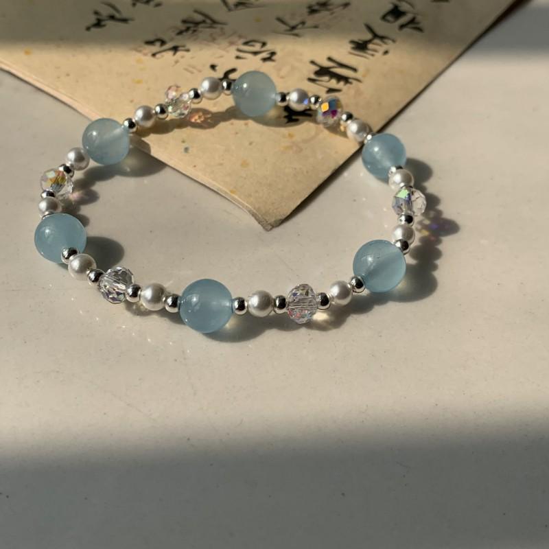 Pink Crystal Blue Chalcedony Beaded Bracelet Women Sweet Style Stackable Hand Jewelry Gift Friends Blue Chalcedony Style