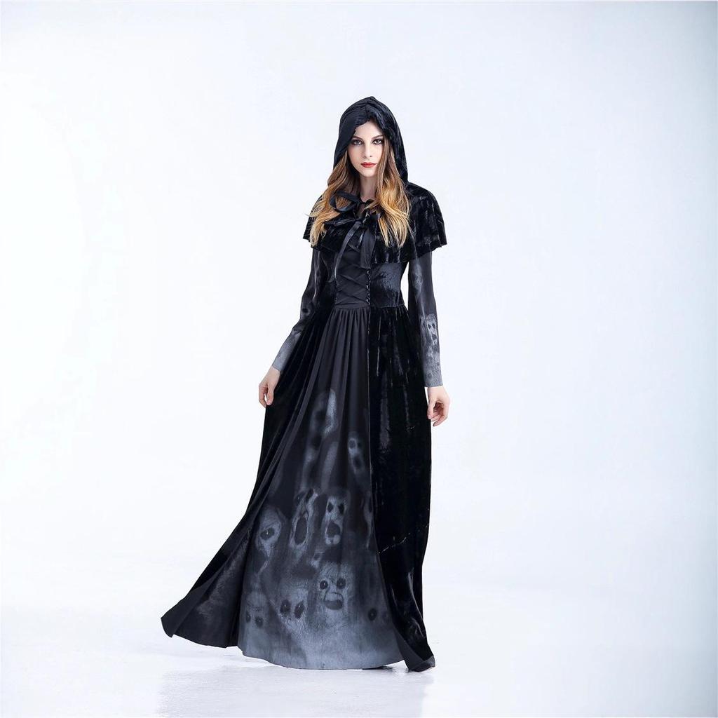 Halloween Grim Reaper Long Dress Costume for Women - Skeleton Vampire Role-Play