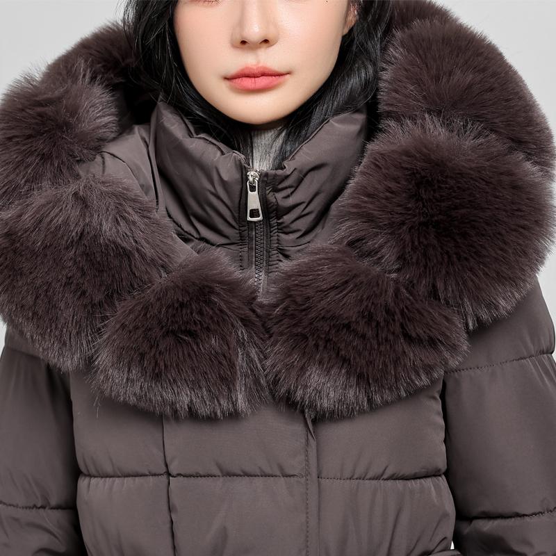 Dam Vinter Långa Kappor Med Huva Stor Fuskpäls Krage Elegant Tjock Varm Vinterparkas Kvinnlig Jacka Med Bälte