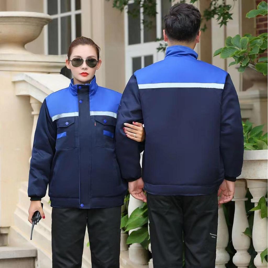 Abbigliamento da lavoro invernale in cotone colorblock riflettente: Giacca e Pantaloni Caldi di Media Lunghezza con Logo Personalizzato