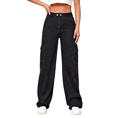 GRECIILOOKS Womens Cargo Denim Regular Fit Jeans (Black, 26)