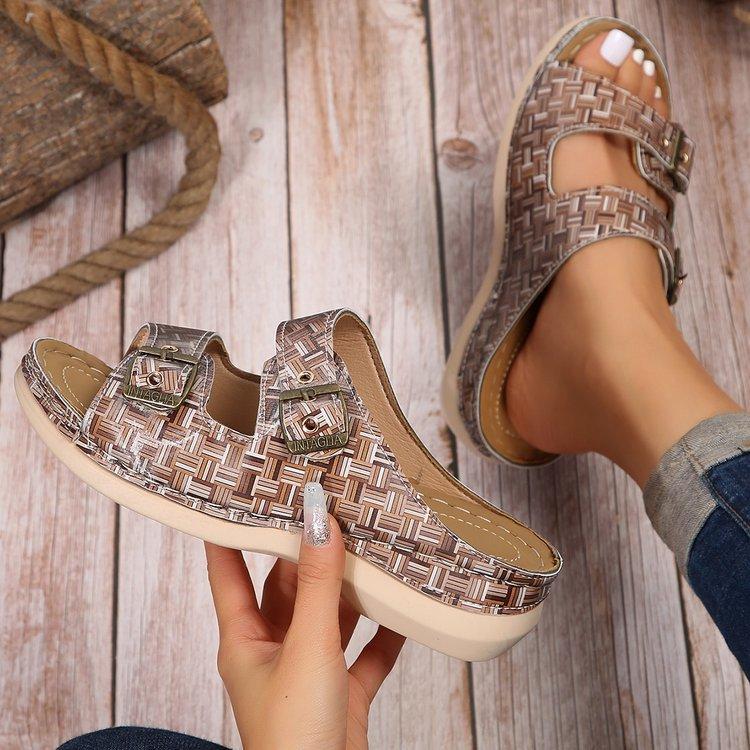 Double buckle cool slippers women's summer round head hollow metal buckle flat bottom outer wear plaid flip-flops