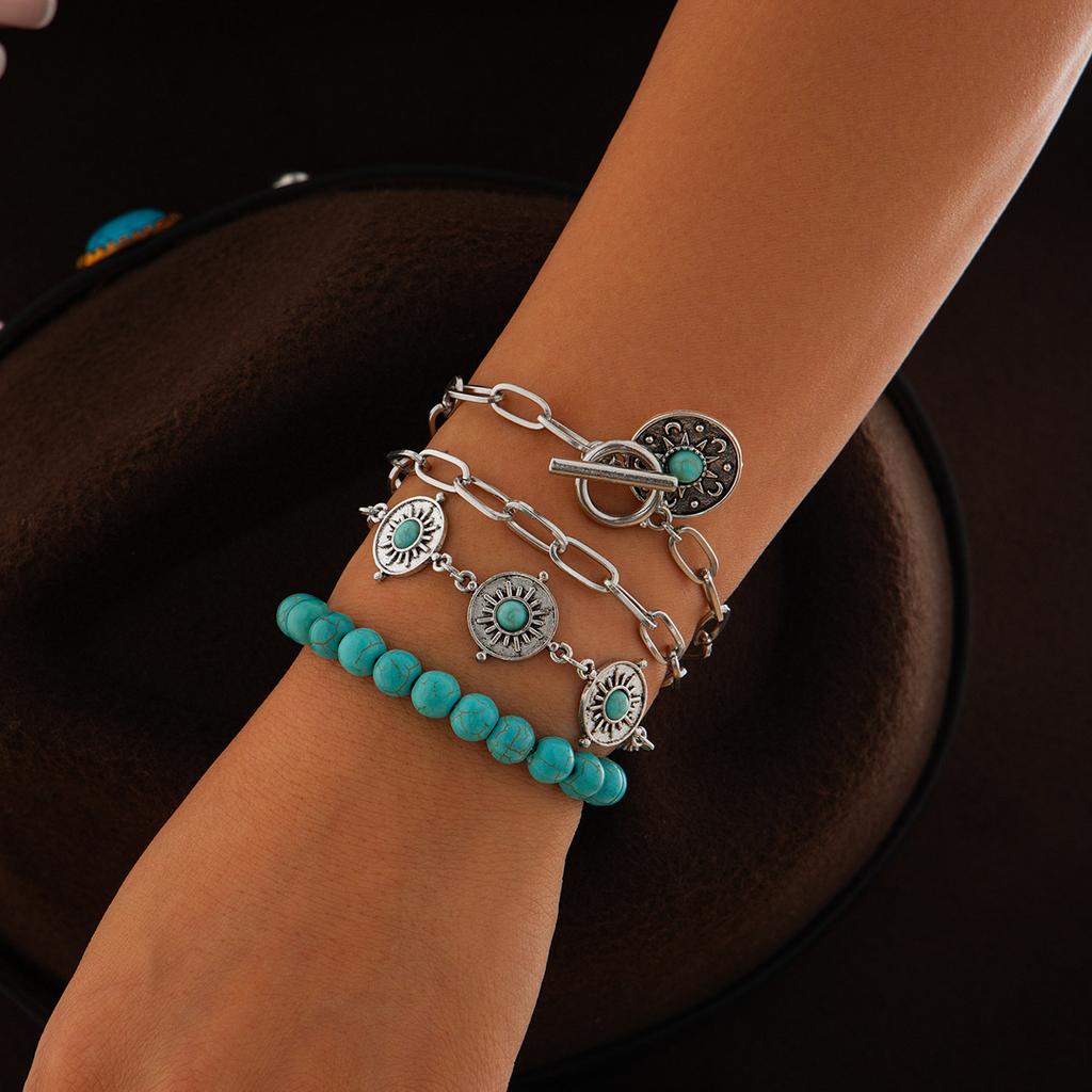 Ethnic Style Retro Imitation Turquoise Cactus Tag Bracelet Set Personalized Multi-Element Beaded Jewelry