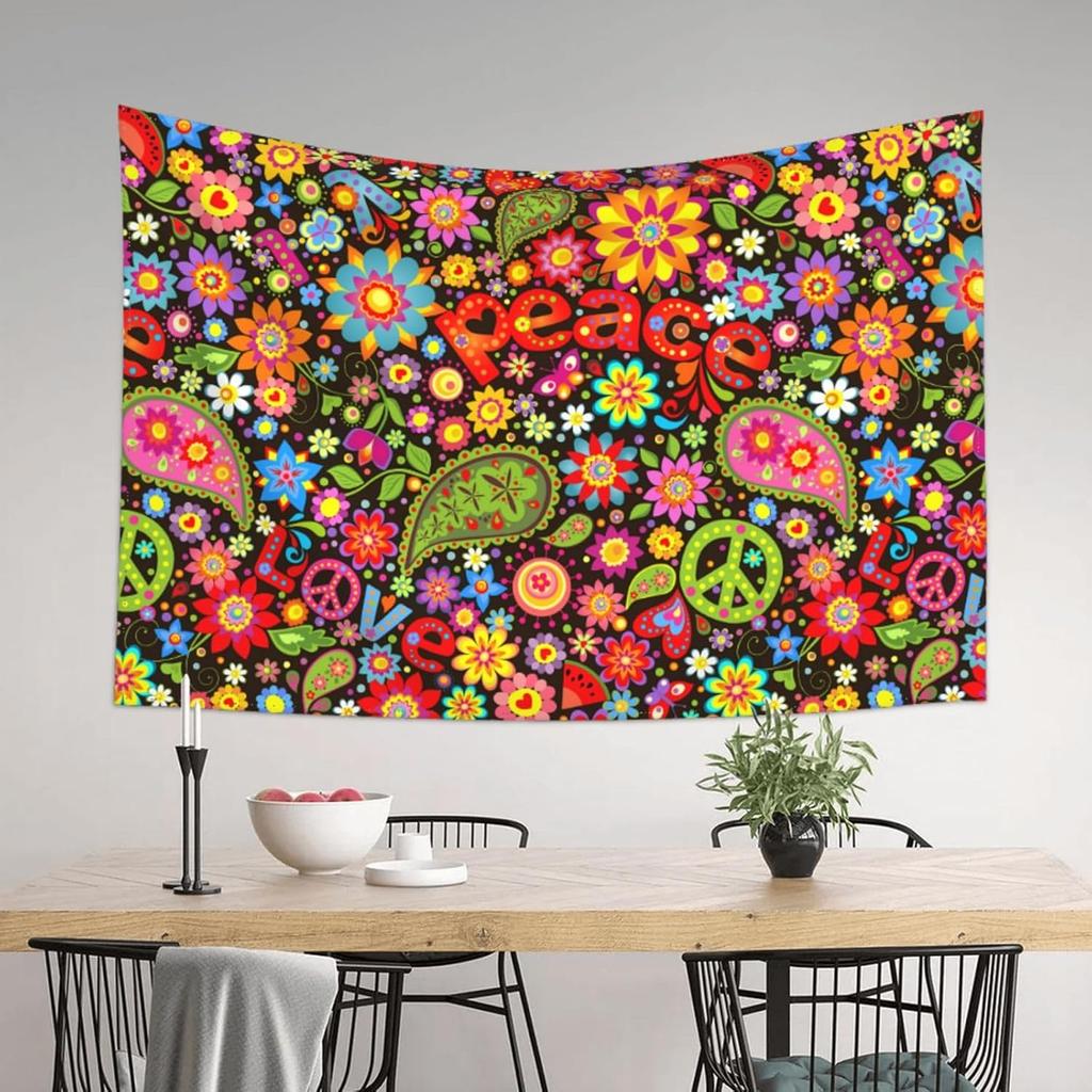 Boho Floral Peace Tapestry Wall Hanging Boho Flower Decor for Living Room Bedroom Hippie Style Colorful Bohemian Tapestry Canvas