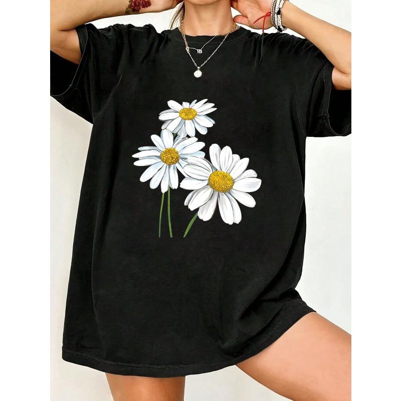 

Black Oversized T Shirt With Daisy Flower Print For Casual Wear XXXXL чёрный