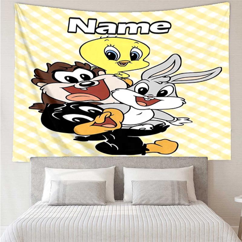 Custom Name Looney Tunes Print Tapestry, Backdrop, Easy Setup, Ideal for Bedroom, Office & Living Room, with Aesthetic Wall Hanging Decor.