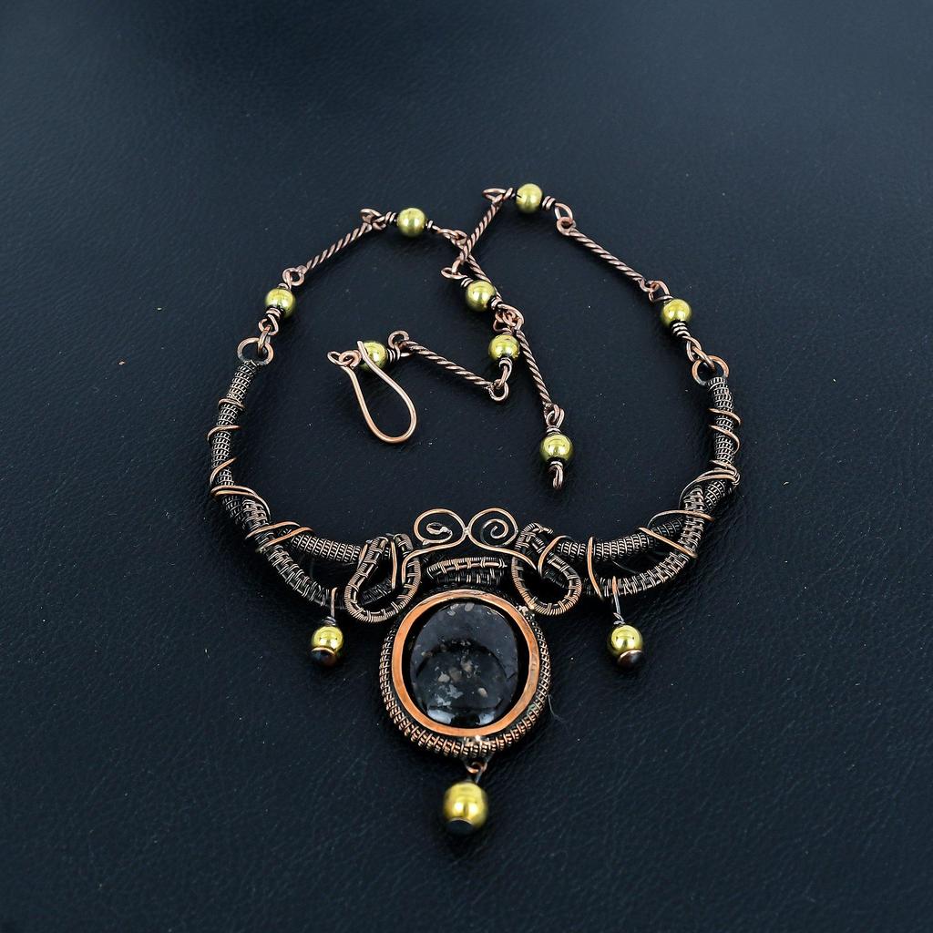 Shungite Gemstone Necklace, 999 Copper Wire Wrapped Handmade Designer Necklace Jewelry, Adjustable Chain Necklace Gift For Women