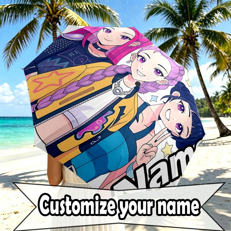 Custom Name Personalized KPop Hunters Print Umbrella, Auto Open Close, 8‑Rib Sturdy Frame, Commute Camping Hiking Use, Birthday Gift