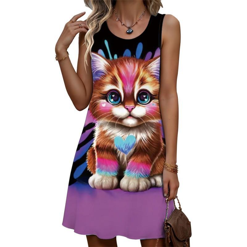 Summer Women's Fashionable Sleeveless Vest Dress Colorful Retro 3D Printing Casual Vacation Versatile Mini Dress